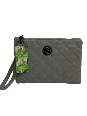 BADGLEY MISCHKA STUDIO Women's Quilted~Logo Vegan Leather Wristlet Grey NEW